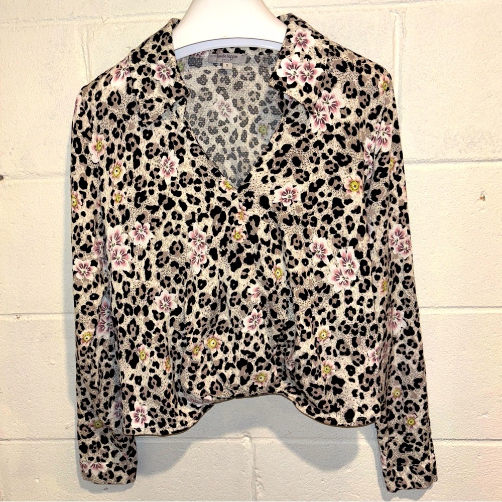 Haute Hippie crossover cropped blouse leopard print and pink floral